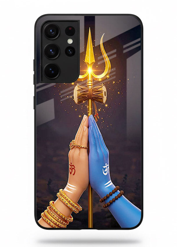 Divine trishul hand holding art Samsung S21 Ultra glass warrior spiritual case