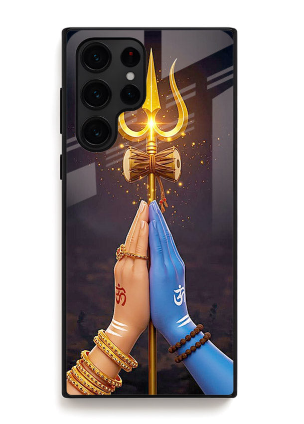 Divine trishul hand holding art Samsung S24 Ultra glass warrior spiritual case