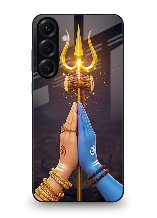 Divine trishul hand holding art Samsung S24 FE glass warrior spiritual case