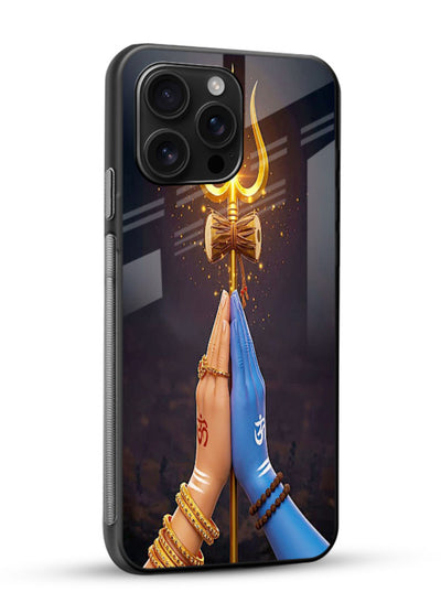 Divine trishul hand holding art glossy vibrant premium glass warrior spiritual case - Angle Side
