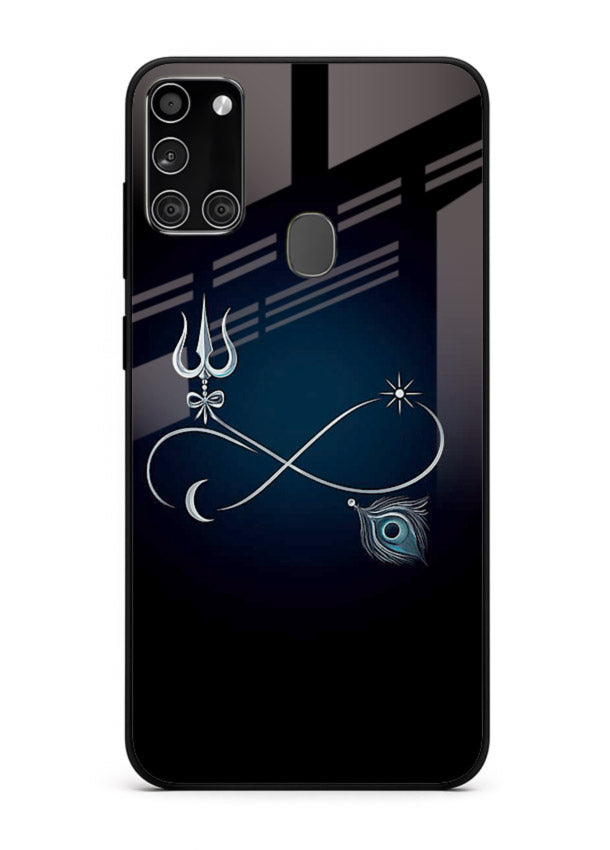 Trishul symbol artwork printed on premium tempered glass Samsung A21s back cover