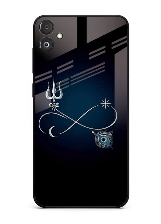 Trishul symbol artwork printed on premium tempered glass Samsung F05 5G back cover