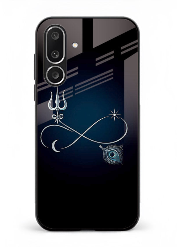 Trishul symbol artwork printed on premium tempered glass Samsung F56 5G back cover