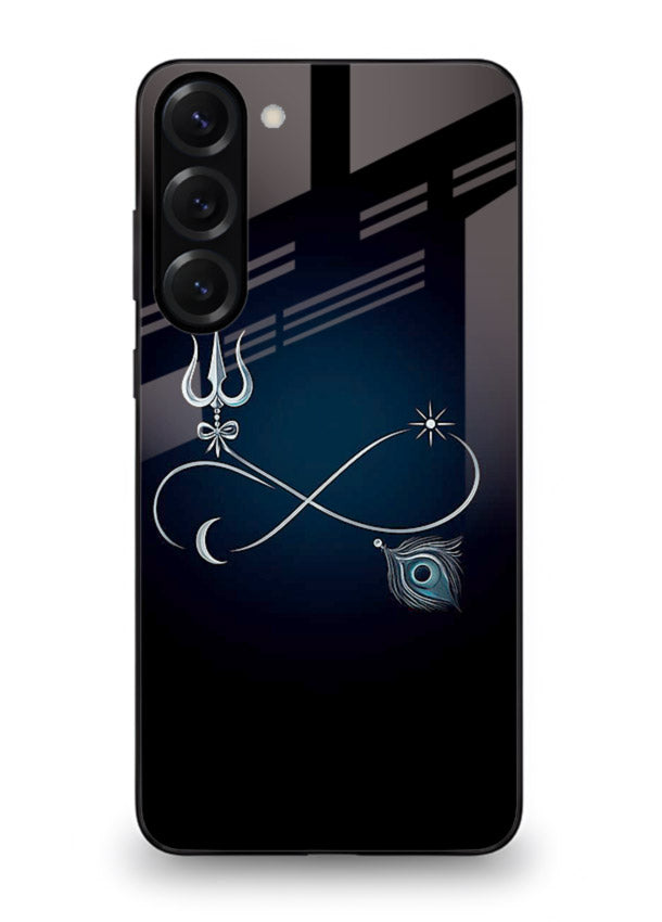 Trishul symbol artwork printed on premium tempered glass Samsung S23 Plus back cover