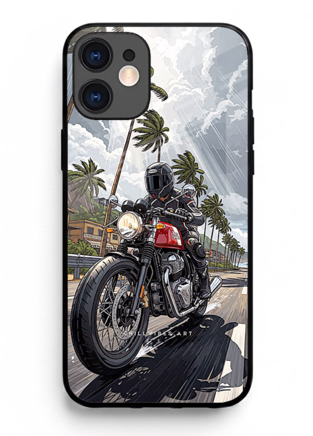 Cruiser bike with palm trees printed on premium tempered glass iPhone 12 back cover
