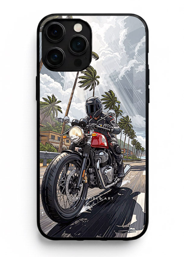 Cruiser bike with palm trees printed on premium tempered glass iPhone 16 Pro Max back cover