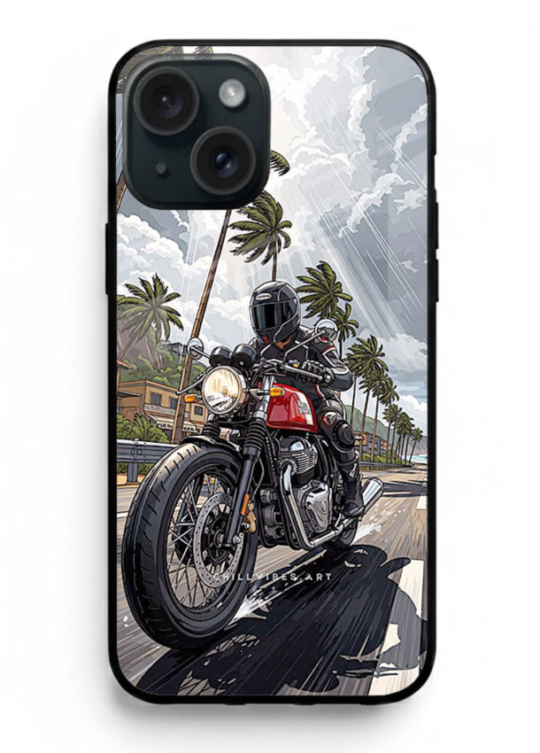 Cruiser bike with palm trees printed on premium tempered glass iPhone 15 back cover