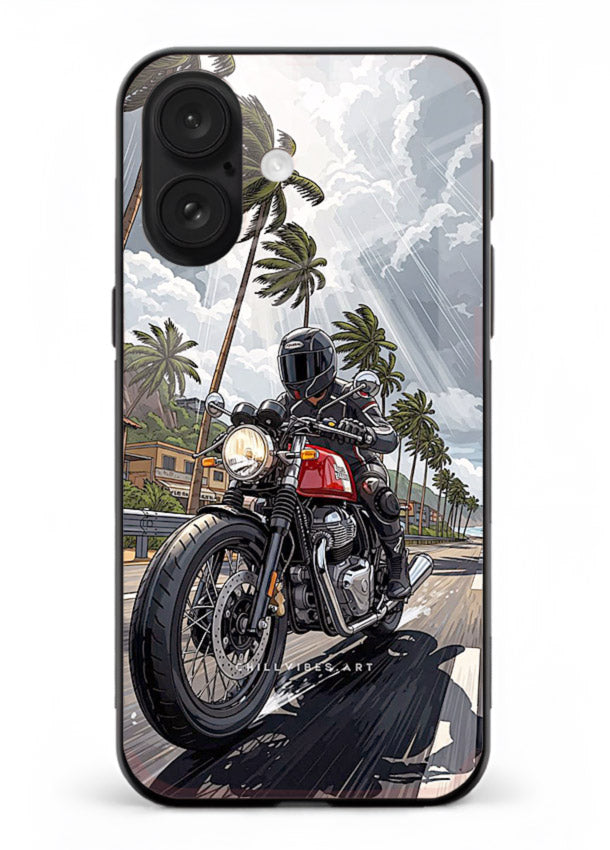 Cruiser bike with palm trees printed on premium tempered glass iPhone 17 back cover