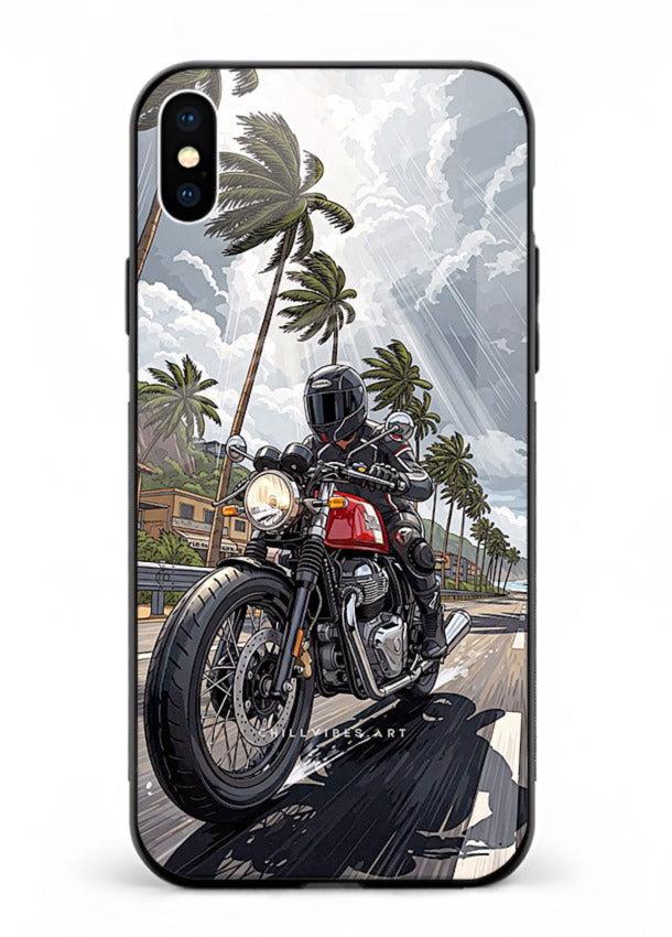 Cruiser bike with palm trees printed on premium tempered glass iPhone XS Max back cover