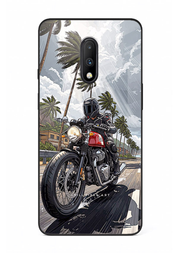 Cruiser bike with palm trees printed on premium tempered glass OnePlus 7 back cover