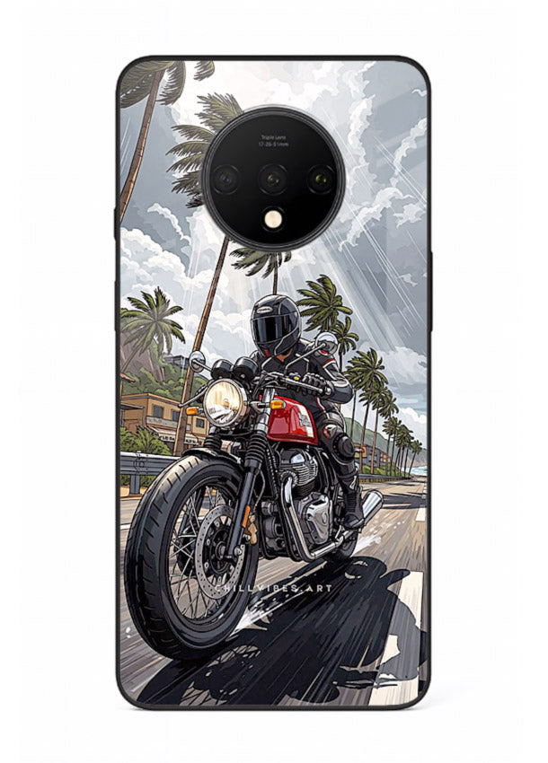 Cruiser bike with palm trees printed on premium tempered glass OnePlus 7T back cover
