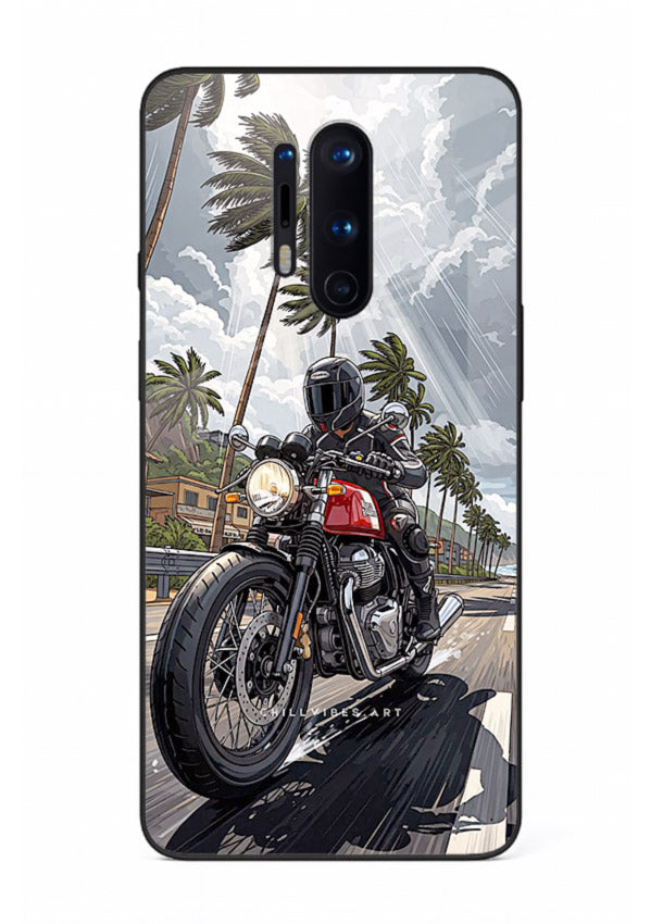 Cruiser bike with palm trees printed on premium tempered glass OnePlus 8 Pro back cover