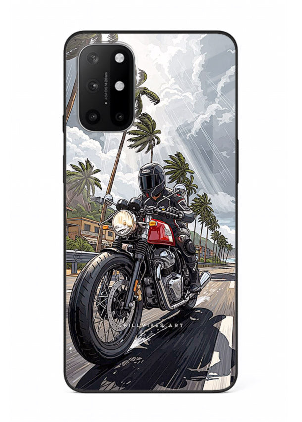 Cruiser bike with palm trees printed on premium tempered glass OnePlus 8T back cover