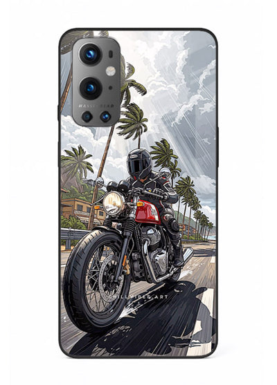 Cruiser bike with palm trees printed on premium tempered glass OnePlus 9 back cover