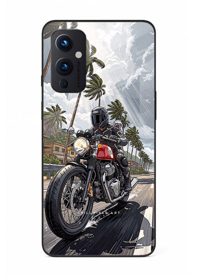 Cruiser bike with palm trees printed on premium tempered glass OnePlus 9 Pro back cover