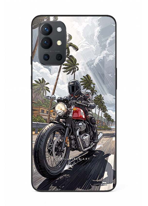 Cruiser bike with palm trees printed on premium tempered glass OnePlus 9R back cover
