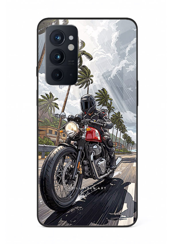 Cruiser bike with palm trees printed on premium tempered glass OnePlus 9RT back cover