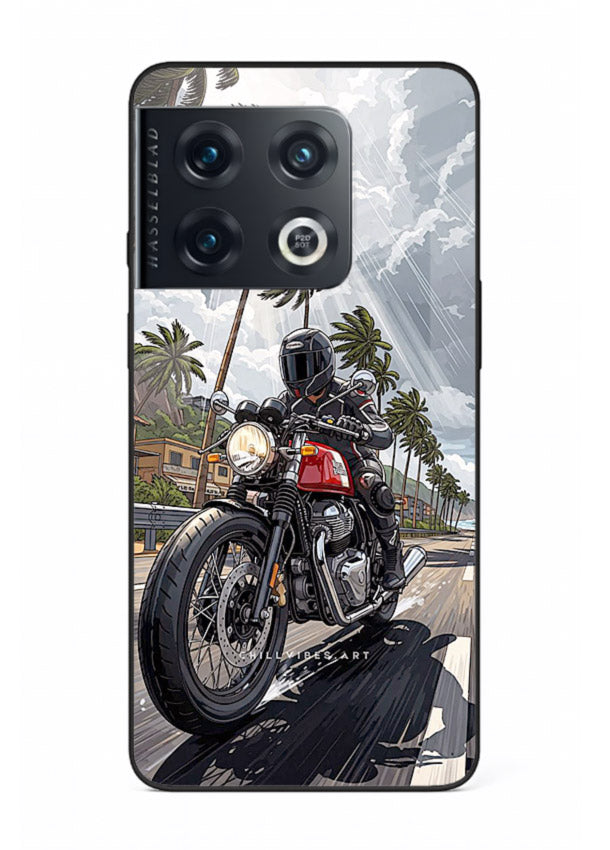 Cruiser bike with palm trees printed on premium tempered glass OnePlus 10 Pro back cover
