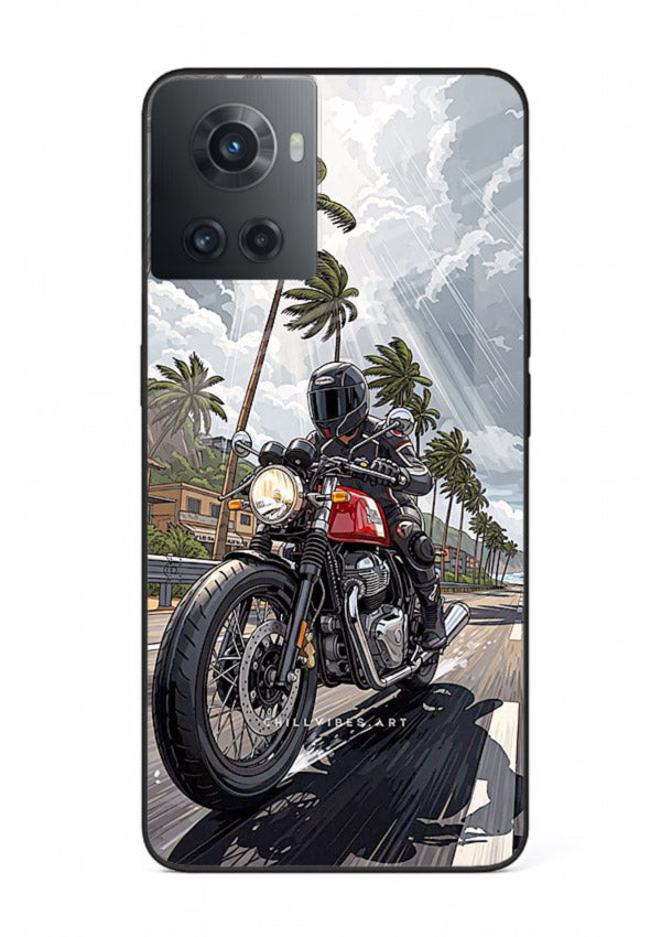 Cruiser bike with palm trees printed on premium tempered glass OnePlus 10R back cover