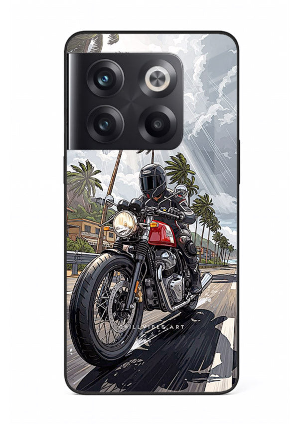 Cruiser bike with palm trees printed on premium tempered glass OnePlus 10T back cover