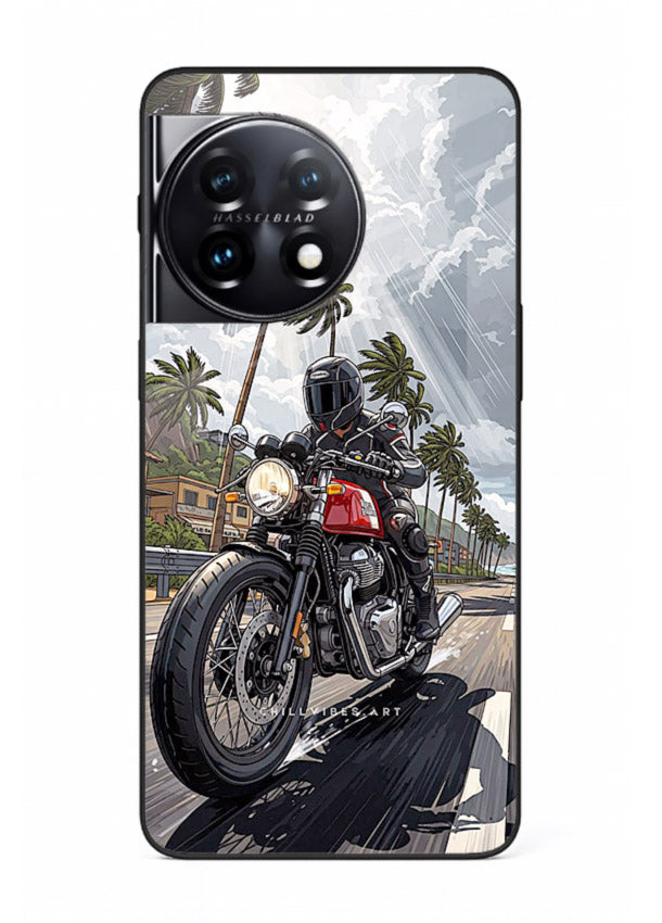 Cruiser bike with palm trees printed on premium tempered glass OnePlus 11 back cover