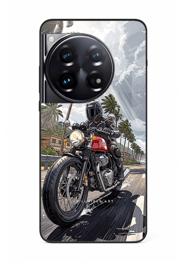 Cruiser bike with palm trees printed on premium tempered glass OnePlus 12 back cover