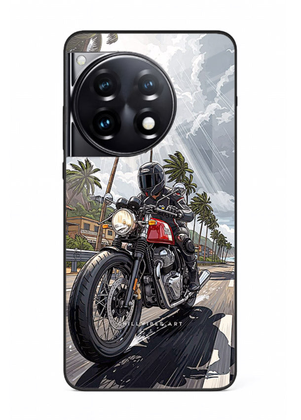 Cruiser bike with palm trees printed on premium tempered glass OnePlus 12R back cover