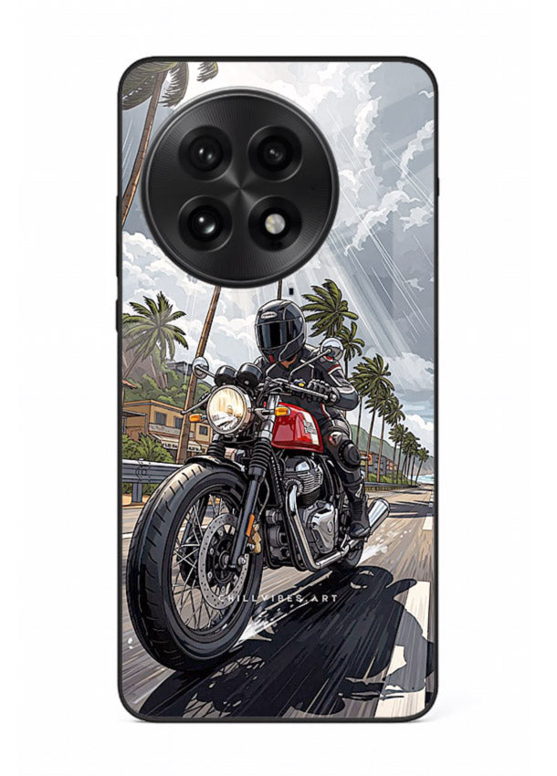 Cruiser bike with palm trees printed on premium tempered glass OnePlus 13 back cover