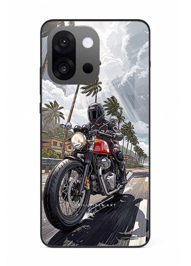 Cruiser bike with palm trees printed on premium tempered glass OnePlus 13s back cover