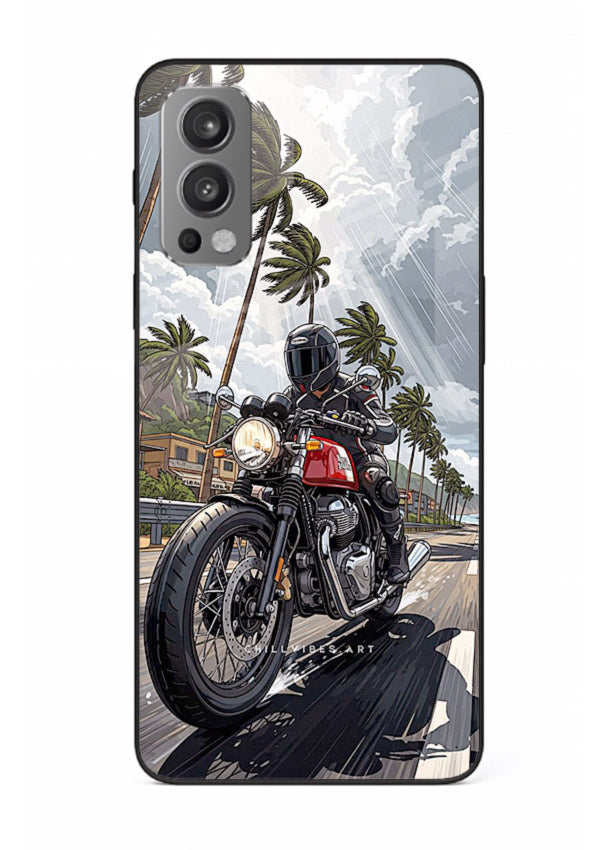 Cruiser bike with palm trees printed on premium tempered glass OnePlus Nord 2 back cover