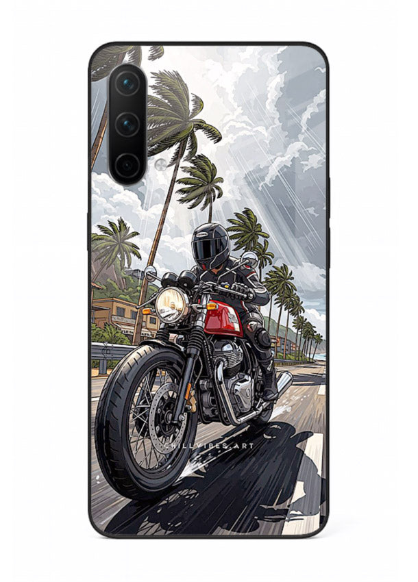 Cruiser bike with palm trees printed on premium tempered glass OnePlus Nord CE 5G back cover
