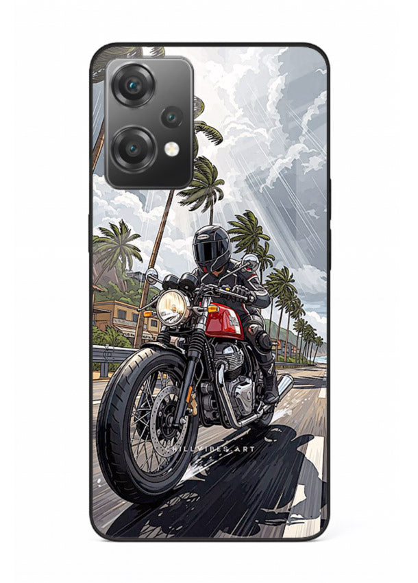 Cruiser bike with palm trees printed on premium tempered glass OnePlus Nord CE2 Lite 5G back cover