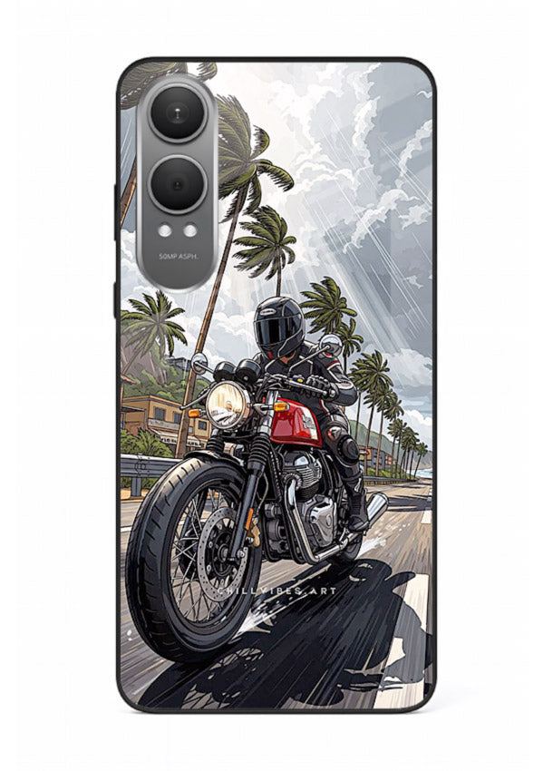 Cruiser bike with palm trees printed on premium tempered glass OnePlus Nord CE4 Lite back cover