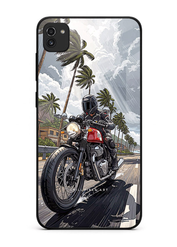 Cruiser bike with palm trees printed on premium tempered glass Samsung A03 back cover