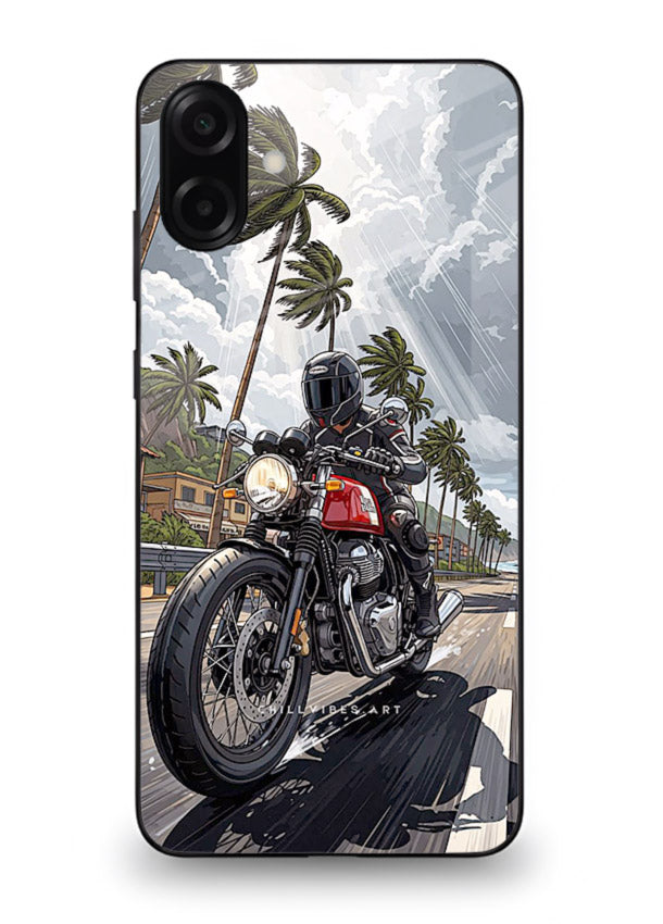 Cruiser bike with palm trees printed on premium tempered glass Samsung M13 5G back cover