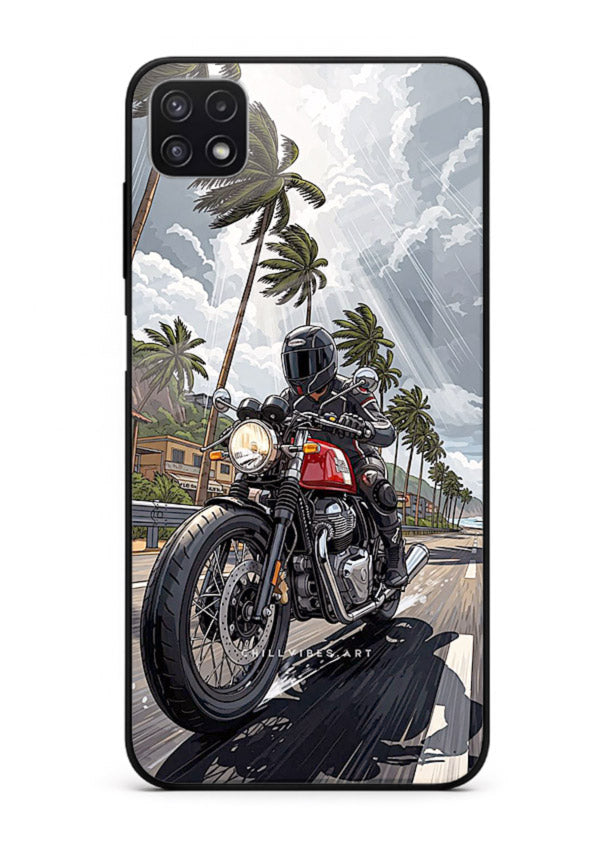 Cruiser bike with palm trees printed on premium tempered glass Samsung A22 5G back cover