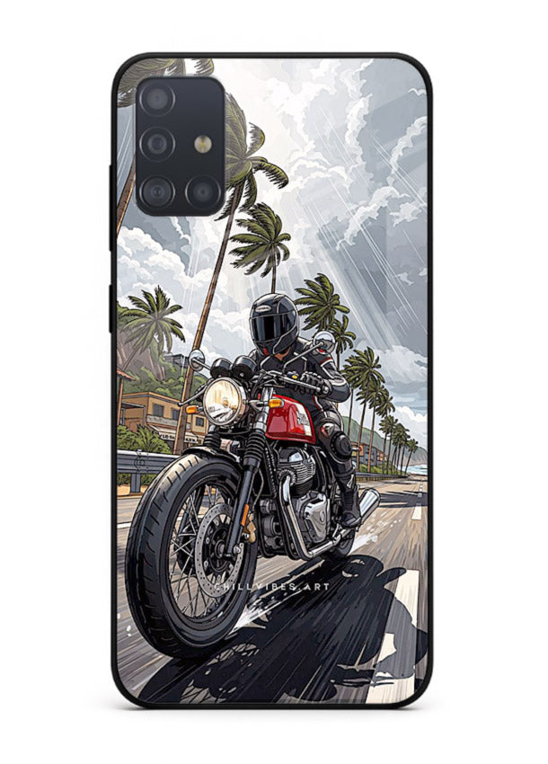 Cruiser bike with palm trees printed on premium tempered glass Samsung A51 back cover