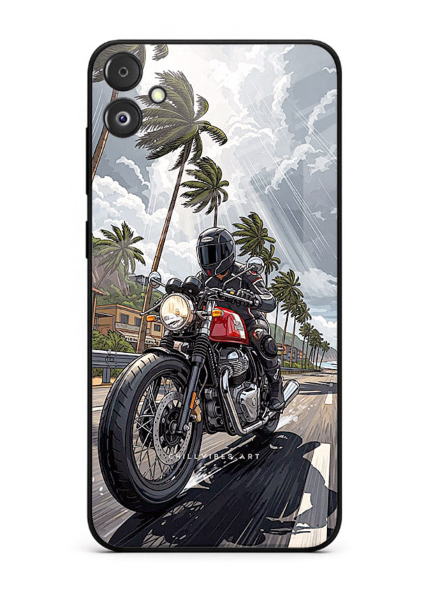 Cruiser bike with palm trees printed on premium tempered glass Samsung F14 5G back cover