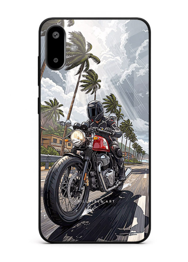 Cruiser bike with palm trees printed on premium tempered glass Samsung F06 5G back cover