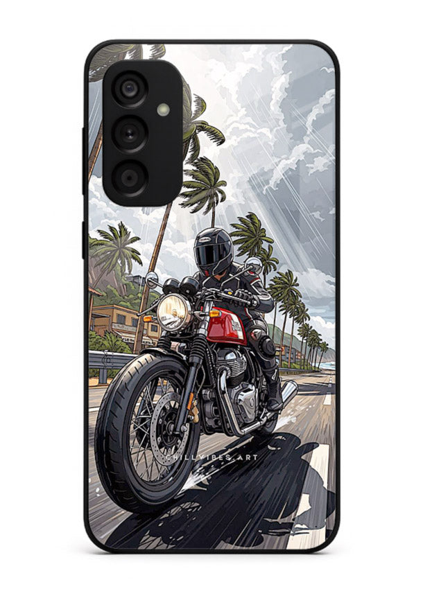 Cruiser bike with palm trees printed on premium tempered glass Samsung F34 5G back cover