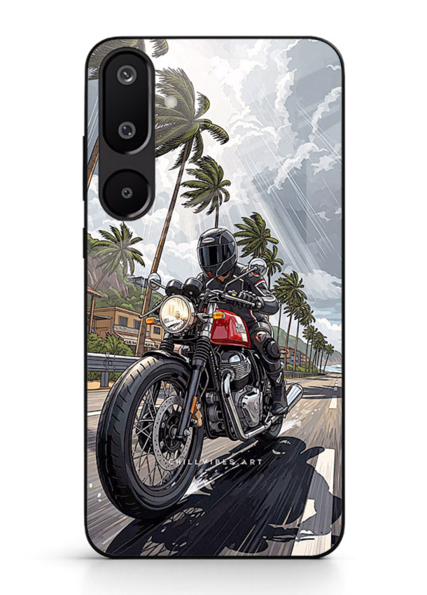 Cruiser bike with palm trees printed on premium tempered glass Samsung F16 5G back cover