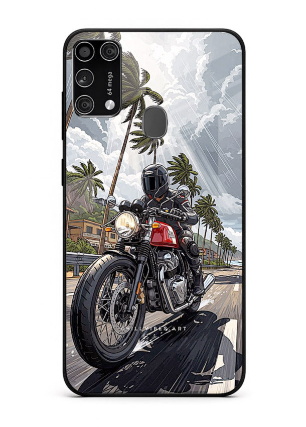 Cruiser bike with palm trees printed on premium tempered glass Samsung M31 Prime back cover