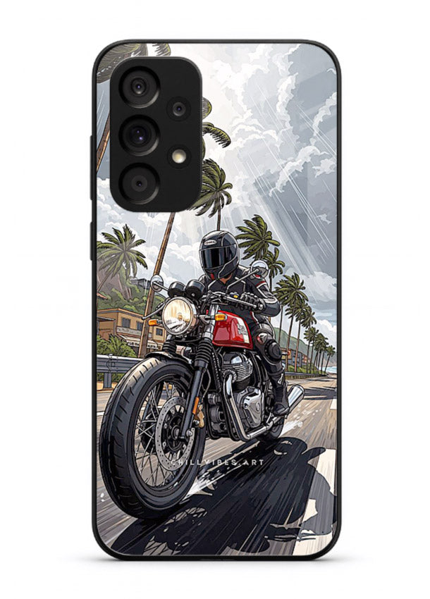 Cruiser bike with palm trees printed on premium tempered glass Samsung A23 5G back cover