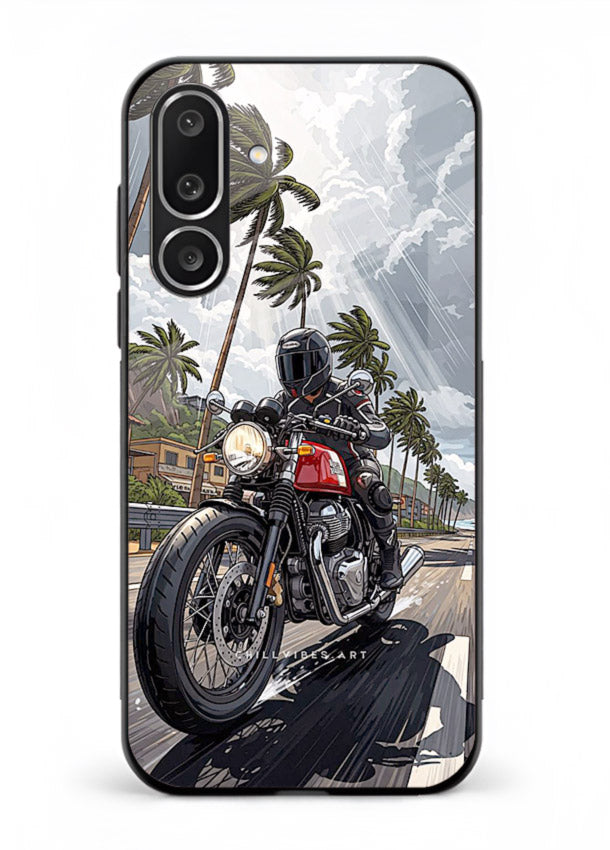 Cruiser bike with palm trees printed on premium tempered glass Samsung M36 5G back cover