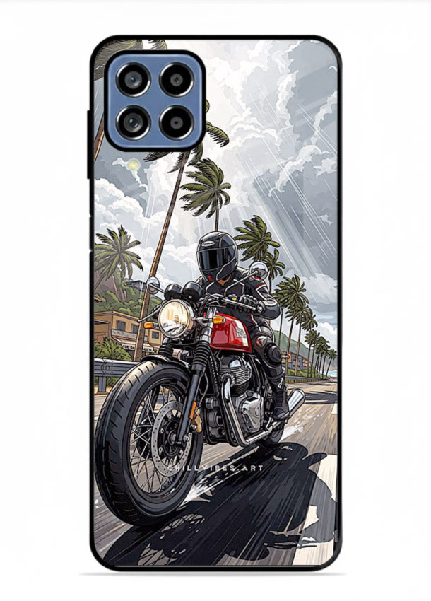 Cruiser bike with palm trees printed on premium tempered glass Samsung M33 5G back cover