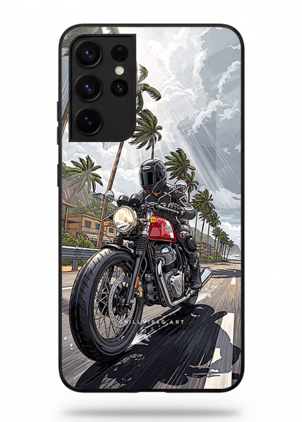 Cruiser bike with palm trees printed on premium tempered glass Samsung S21 Ultra back cover