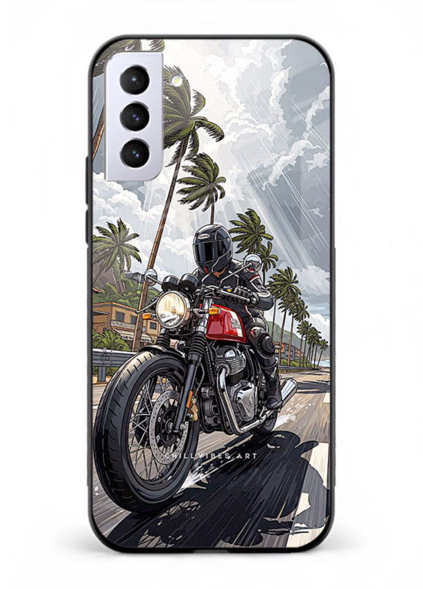 Cruiser bike with palm trees printed on premium tempered glass Samsung S21 FE back cover
