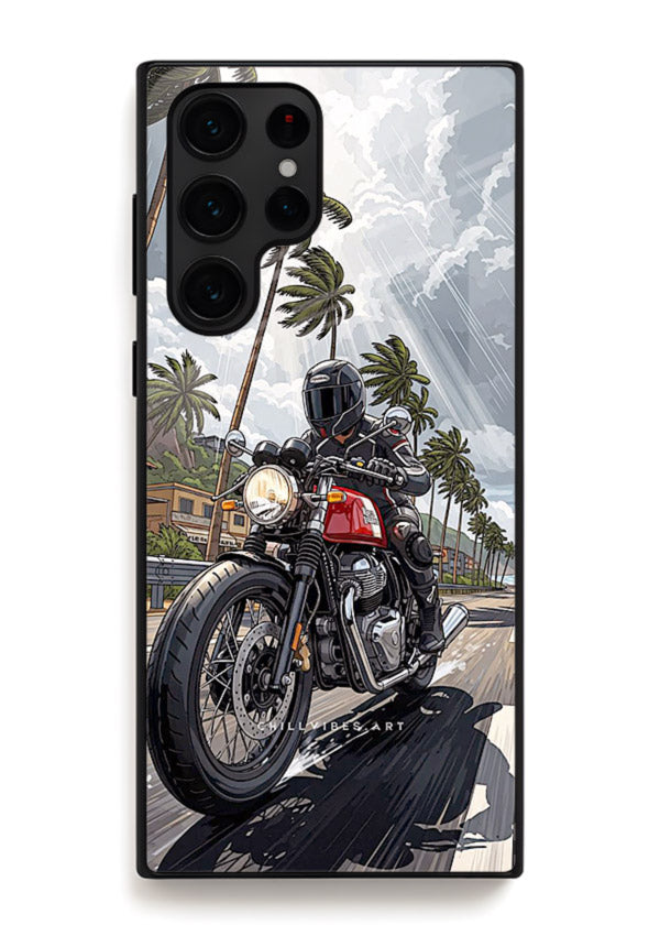 Cruiser bike with palm trees printed on premium tempered glass Samsung S22 Ultra back cover