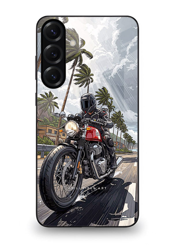Cruiser bike with palm trees printed on premium tempered glass Samsung A16 5G back cover