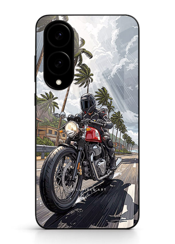 Cruiser bike with palm trees printed on premium tempered glass Samsung S25 Edge back cover
